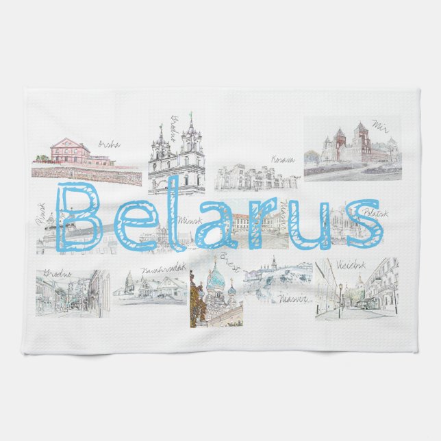 Architektur-Collage von Belarus Minsk Brest Geschirrtuch (Horizontal)