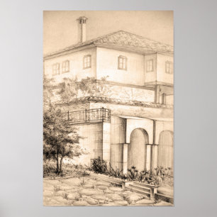 Architektur Traditionelles Haus Zeichnend Skizzenk Poster