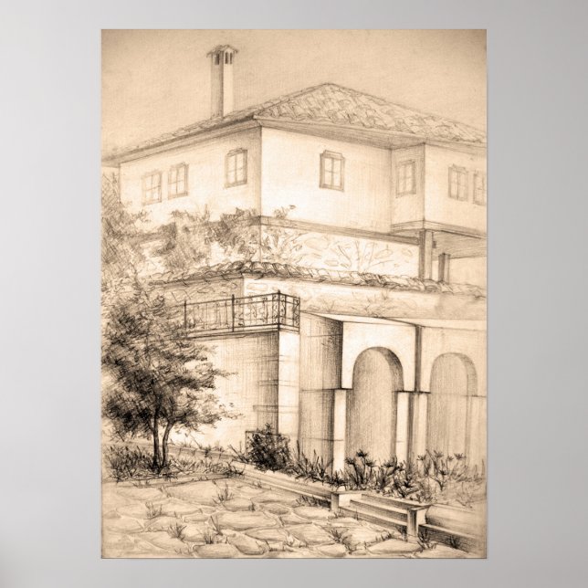 Architektur Traditionelles Haus Zeichnend Skizzenk Poster (Vorne)