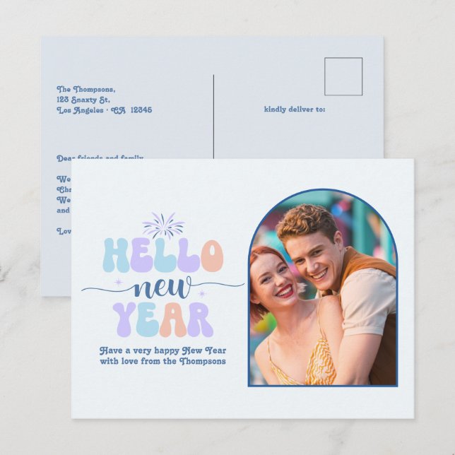 Arctic Bloom New Year Retro Modern Blue Photo Feiertagspostkarte (Vorne/Hinten)