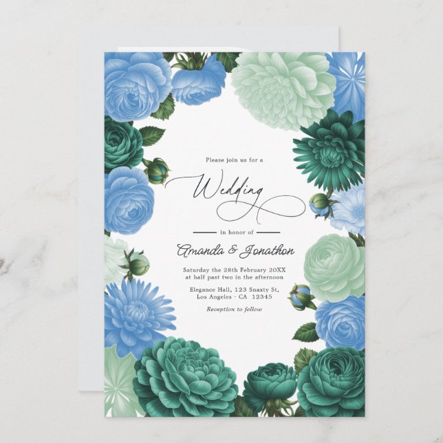 Arctic Blue, Frosted Pine & Cloud Moss Wedding Einladung (Vorne/Hinten)