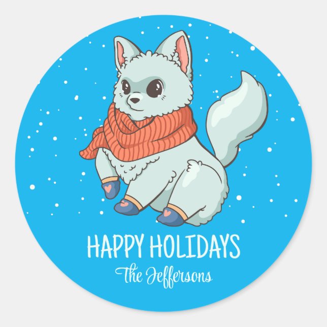 Arctic Fox Christmas Animal Snowy Winter Holiday Runder Aufkleber (Vorderseite)