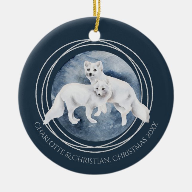 Arctic Fox Couple Winter Weihnachten Personalisier Keramik Ornament (Vorne)