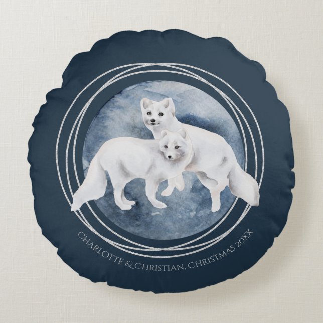 Arctic Fox Couple Winter Weihnachten Personalisier Rundes Kissen (Vorderseite)