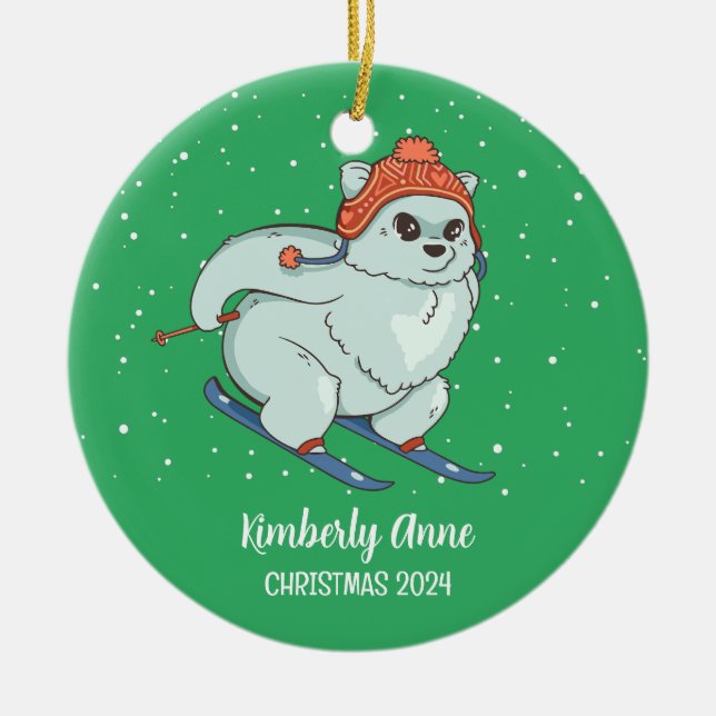 Arctic Fox Skifahren Weihnachten Schnee Winter Url Keramik Ornament (Vorne)