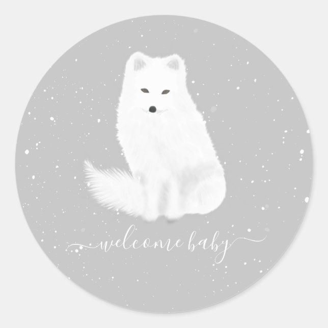 Arctic Fox Winter Snow Gray Neutral Baby Dusche Runder Aufkleber (Vorderseite)