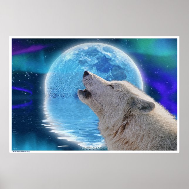 Arctic Wolf Howling at Aurora & Moon Wildlife Poster (Vorne)