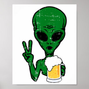 Area-51 Alien Beer Peace Sign Lazy Drinking Hallow Poster