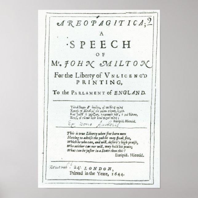Areopagitica' eine Rede von John Milton Poster (Vorne)
