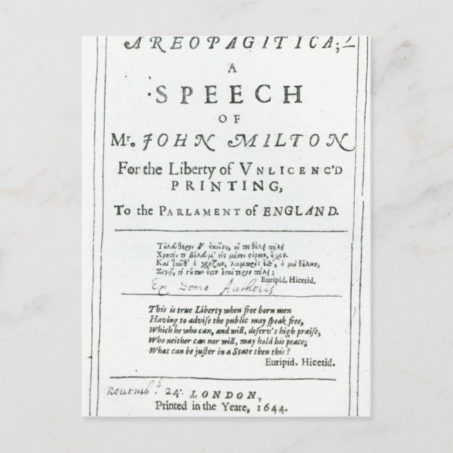 Areopagitica' eine Rede von John Milton Postkarte (Vorderseite)
