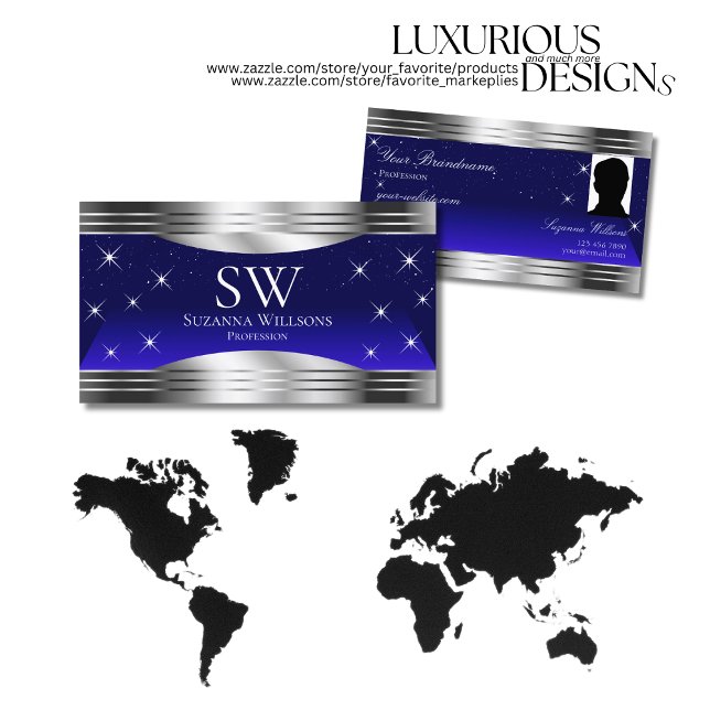 Arful Night Sky Blue Silver Border Monogram Foto Visitenkarte (Von Creator hochgeladen)