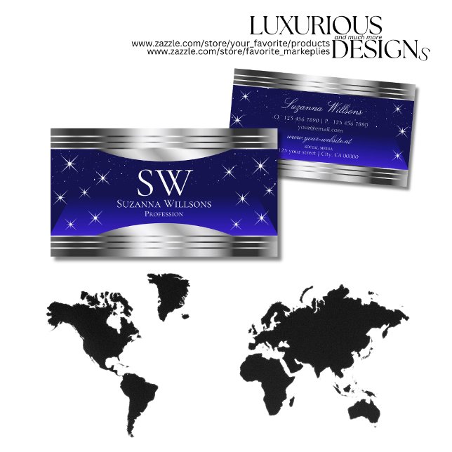 Arful Night Sky Blue Silver Borders with Monogram Visitenkarte (Von Creator hochgeladen)