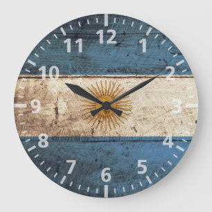 Argentina Flag on Old Wood Grain Große Wanduhr