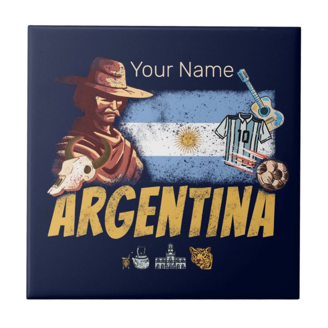 Argentinien Vintag Gaucho mit Fahnenfußball Fliese (Vorderseite)