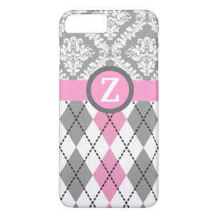 Argyle and damask pattern pink, grey monogram Case-Mate iPhone hülle