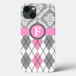 Argyle and damask pattern pink, grey monogram iPhone 13 hülle