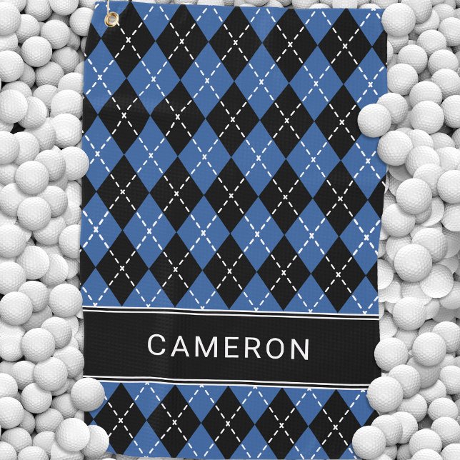 Argyle Karo Benutzerdefiniert Name Schwarz Blau Golfhandtuch (Argyle Plaid Custom Create Name Black Blue Golf Towel)