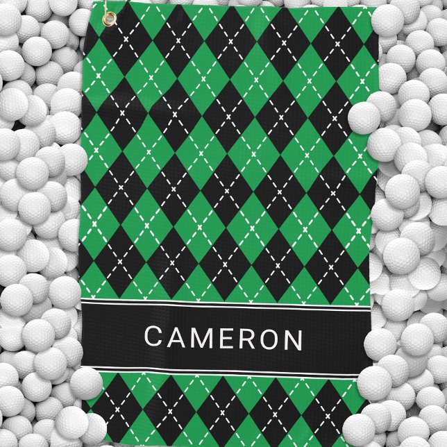 Argyle Karo Benutzerdefinierter Name Schwarz Grün Golfhandtuch (Argyle Plaid Create Custom Name Black Green Golf Towel)