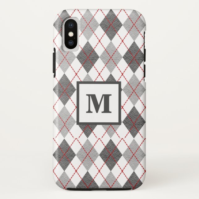 Argyle Karo Rot Grau Silber Individuelles Monogram Case-Mate iPhone Hülle (Rückseite)