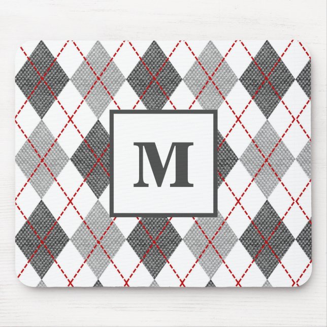Argyle-Karomuster Rot Grau Silber Monogramm Mousepad (Vorne)