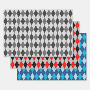 Argyle-Muster Grau Rot und Blau Geschenkpapier Set