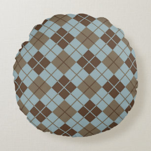 Argyle-Muster in Blau und Taupe Rundes Kissen
