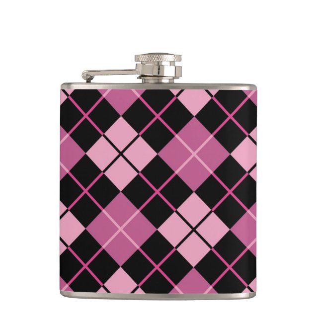 Argyle-Muster in Schwarz und Rosa Flachmann (Vorderseite)