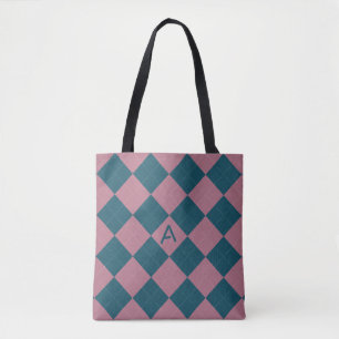 Argyle-Muster-Monogramm ozeanblau rosa Tragetasche