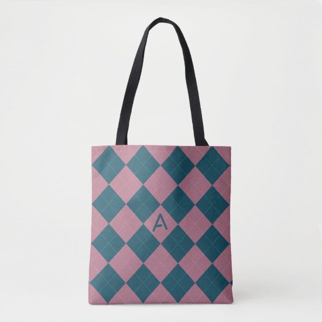 Argyle-Muster-Monogramm ozeanblau rosa Tragetasche (Vorderseite)