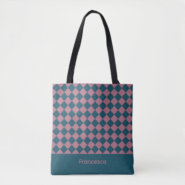Argyle-Muster ozeanblau rosa Name Tragetasche (Vorderseite)