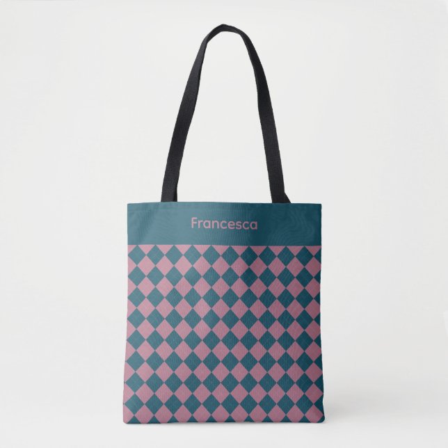 Argyle-Muster-Ozeanblau-Rosa-Name-Tragetasche (Vorderseite)