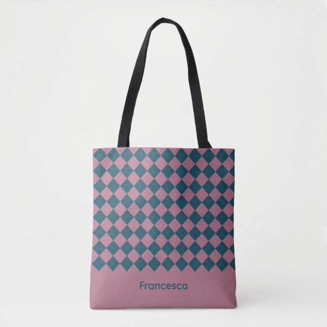 Argyle-Muster-Ozeanblau-Rosa-Name-Tragetasche (Vorderseite)