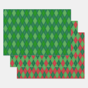 Argyle-Muster Rot und Grün Geschenkpapier Set
