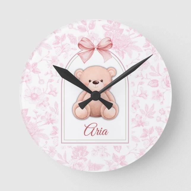 Aria | Benutzerdefiniertes rosa Teddy-Bär-Kinderzi Runde Wanduhr (Vorderseite)