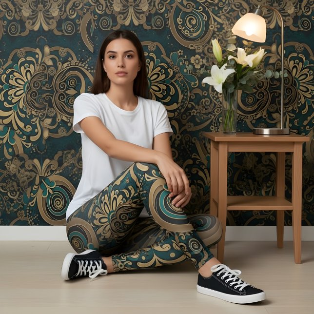 Aria Grace Aquamarin Chrysanthemum Paisley Heritag Leggings (🖤 Pose 13.3 – Refined Serenity in Patterned Harmony)