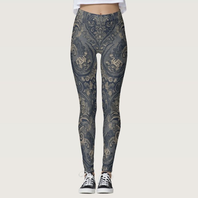 Aria Grace Navy Peony Paisley Heritage Tapestry Leggings (Vorderseite)