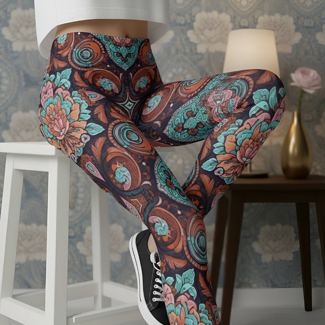 Aria Grace Radiant Paisley Peony Boho Vintag Leggings (Pose 4 – Seated Confidence on the Stool)