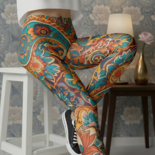 Aria Grace Vibrant Türkis Senf Paisley Leggings