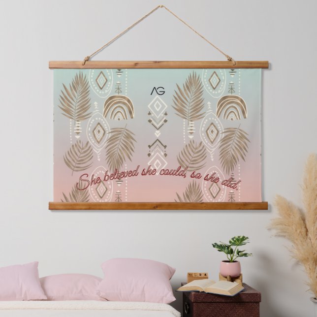 AriaGrace Blush Palm Ethnic Botanical Pattern Vol6 Wandteppich Mit Holzrahmen (Schlafzimmer)