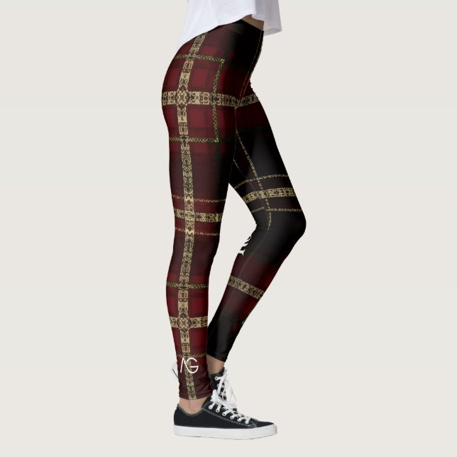 AriaGrace Regal Burgundy Gold Plaid Pattern Vol 23 Leggings (Rechts)