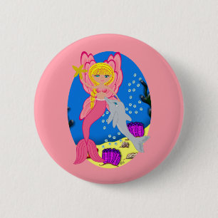 Ariel the Pink Merfaery and Dolphin Button