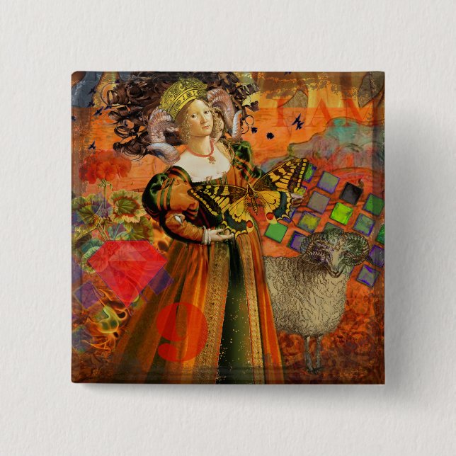 Aries Orange Women: Gothic Ram Antique Art Collage Button (Vorderseite)
