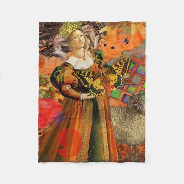 Aries Orange Women: Gothic Ram Antique Art Collage Fleecedecke (Vorderseite)