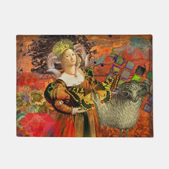 Aries Orange Women: Gothic Ram Antique Art Collage Fußmatte (Vorderseite)