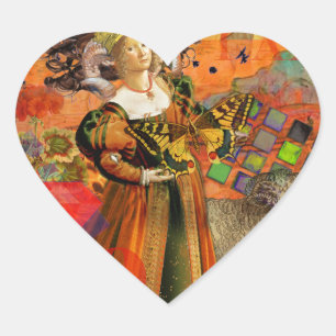 Aries Orange Women: Gothic Ram Antique Art Collage Herz-Aufkleber
