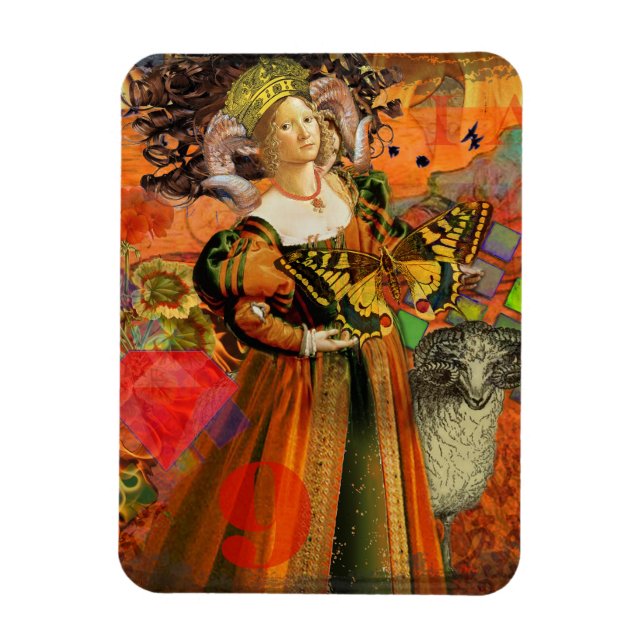 Aries Orange Women: Gothic Ram Antique Art Collage Magnet (Vertikal)