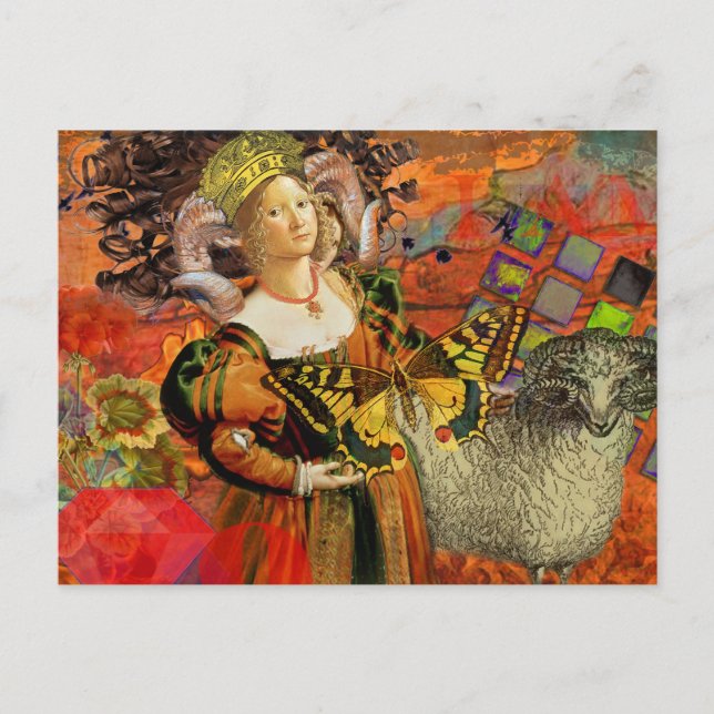 Aries Orange Women: Gothic Ram Antique Art Collage Postkarte (Vorderseite)