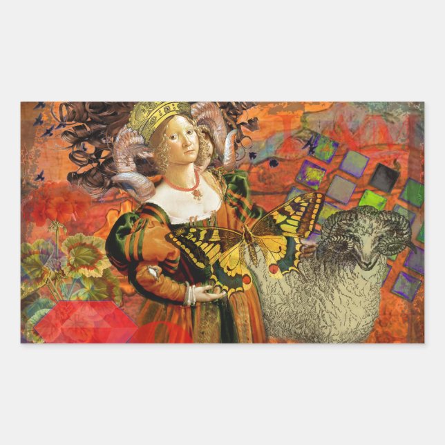 Aries Orange Women: Gothic Ram Antique Art Collage Rechteckiger Aufkleber (Vorderseite)