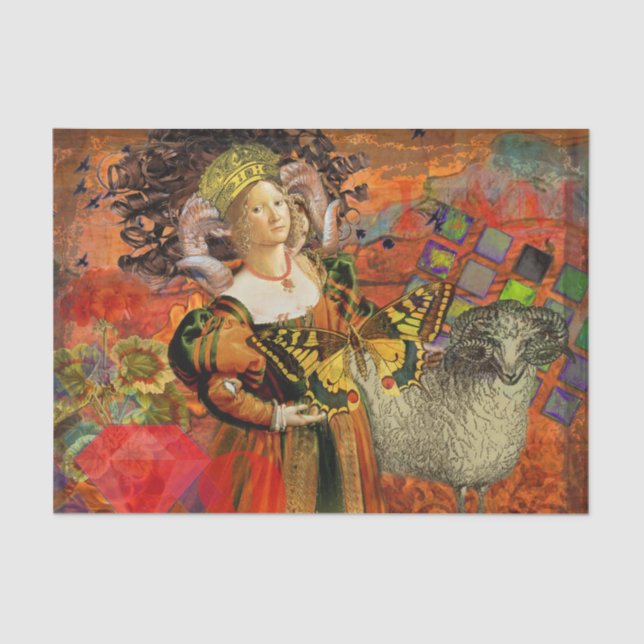 Aries Orange Women: Gothic Ram Antique Art Collage Seidenpapier (Vorderseite)