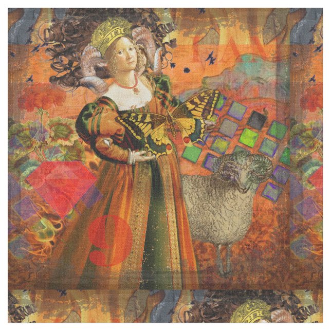 Aries Orange Women: Gothic Ram Antique Art Collage Stoff (Nahaufnahme)